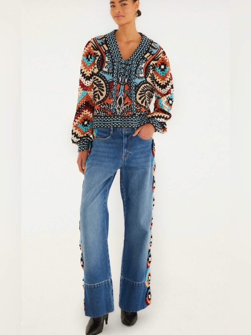 NWT FARM RIO Colorful Stripes Crochet Denim Embellished Pants Jeans Sz 27/ 4